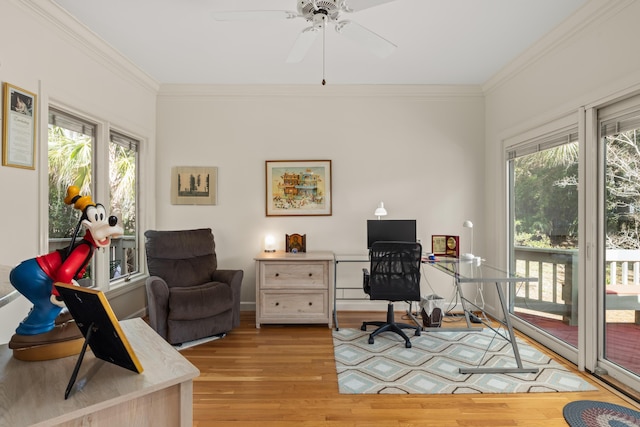 2105 Loblolly Ln, Seabrook Island, SC 29455 - home office featuring ornamental molding, wood finished floors, and a ceiling fan