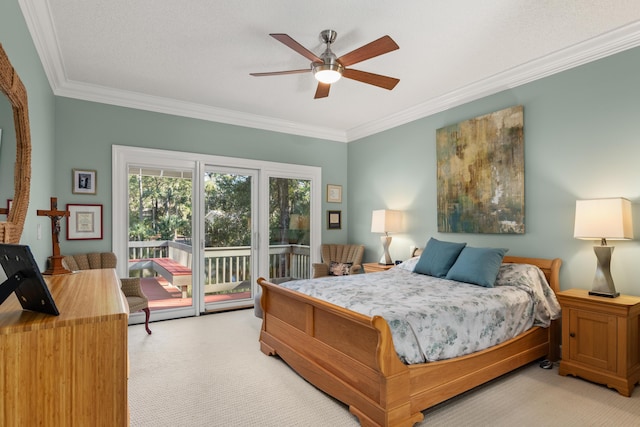 2105 Loblolly Ln, Seabrook Island, SC 29455 - bedroom with light colored carpet, access to exterior, ornamental molding, and a ceiling fan
