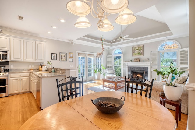 dining area with ceiling fan, a healthy amount of sunlight, light hardwood / wood-style floors, and sink