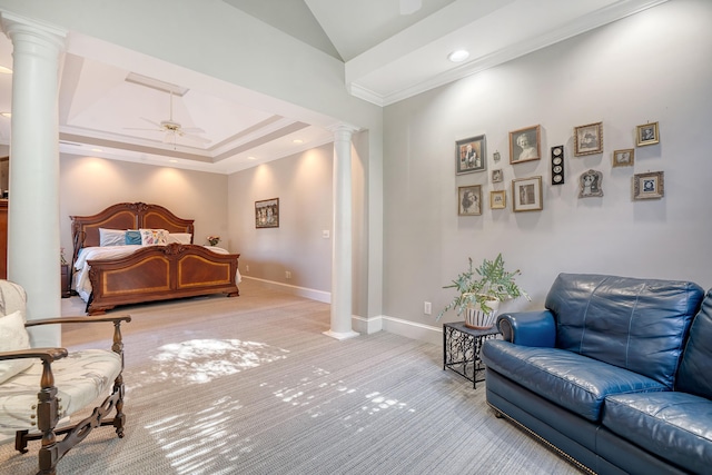 carpeted bedroom with vaulted ceiling, ornate columns, and crown molding