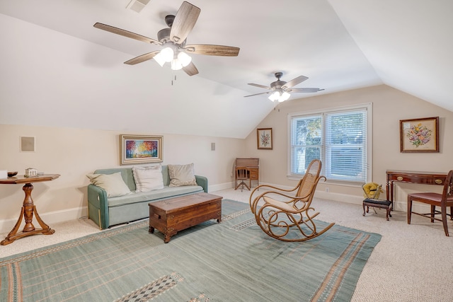 living room featuring light carpet, vaulted ceiling, and ceiling fan