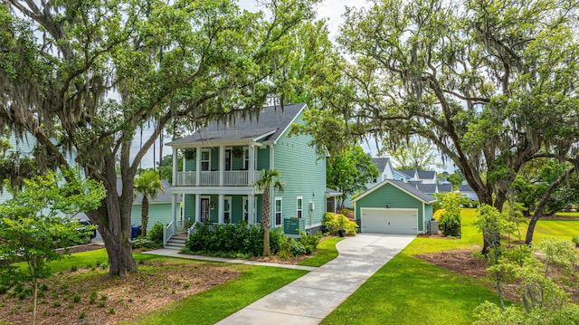 view of front facade featuring a balcony, covered porch, a front yard, driveway, and an attached garage