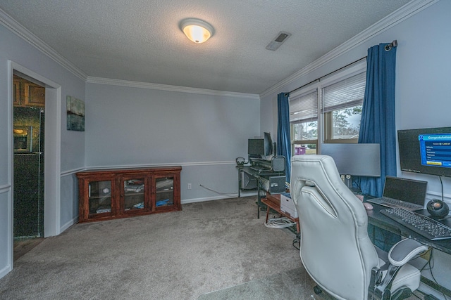 carpeted office space with crown molding and a textured ceiling