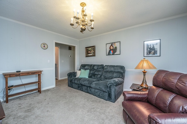 carpeted living room with an inviting chandelier, crown molding, and a textured ceiling