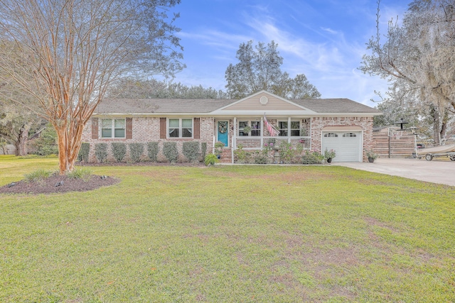 ranch-style house with a garage and a front lawn