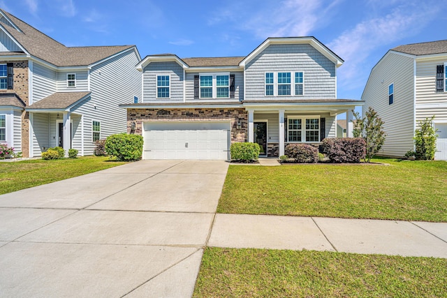 view of front of house featuring concrete driveway, an attached garage, covered porch, and a front lawn