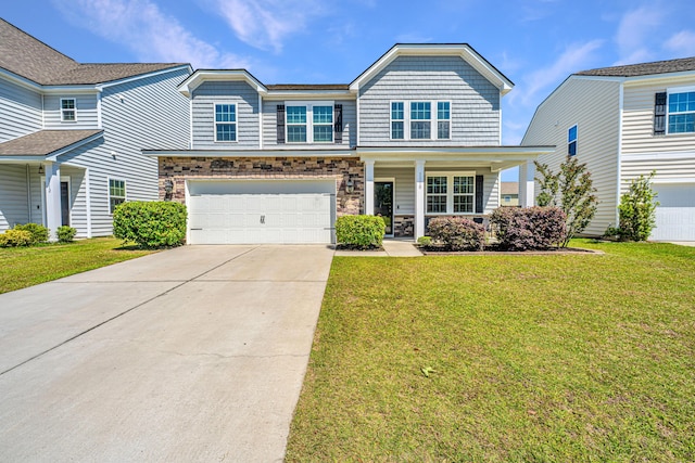 view of front of house with concrete driveway, a porch, an attached garage, and a front yard
