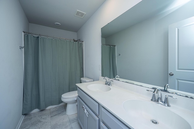 bathroom featuring a sink, toilet, double vanity, and visible vents