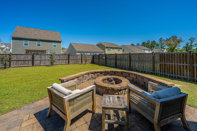 view of patio featuring a fenced backyard, a fire pit, and a residential view