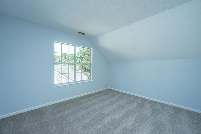 additional living space featuring vaulted ceiling, a textured ceiling, and carpet