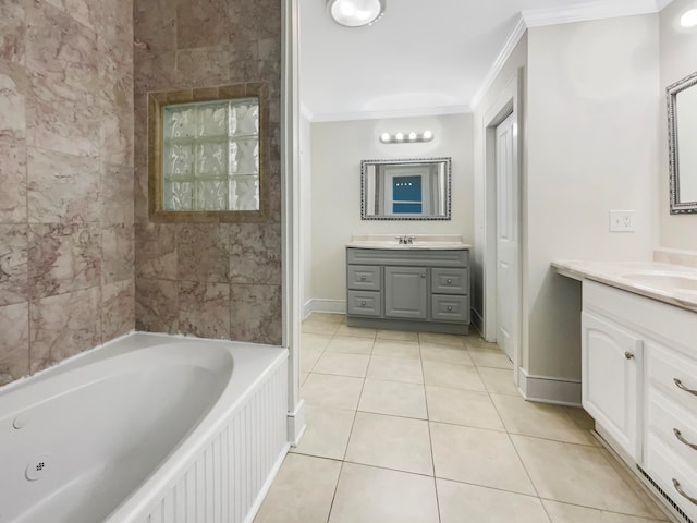 bathroom featuring vanity, crown molding, tile patterned floors, and a bath