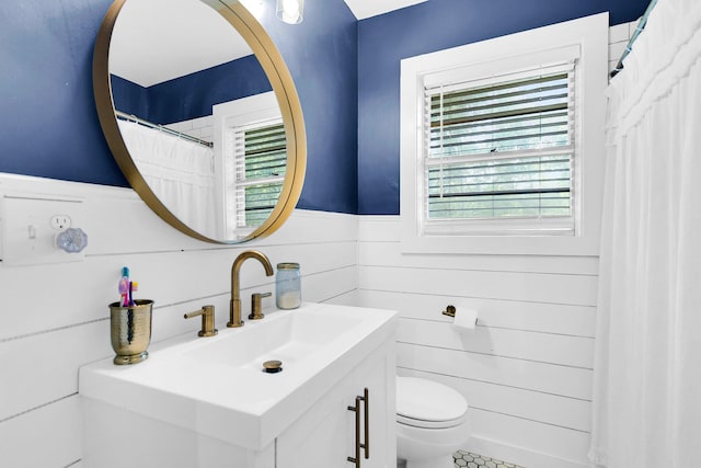 bathroom featuring toilet, vanity, and wooden walls