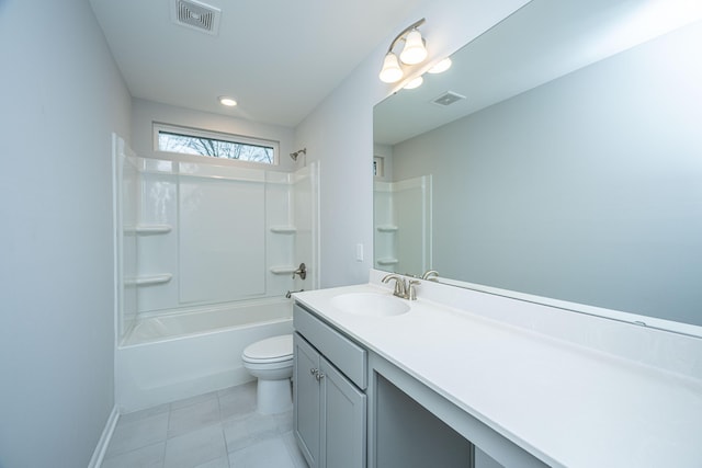 full bathroom featuring tile patterned flooring, vanity, shower / washtub combination, and toilet