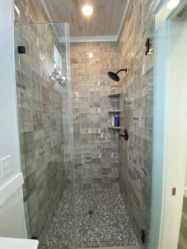 bathroom with a shower with door