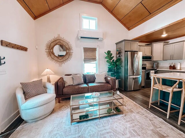 living room with a wall mounted AC, wood ceiling, and plenty of natural light