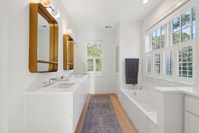 bathroom with a bath, vanity, hardwood / wood-style flooring, and a wealth of natural light