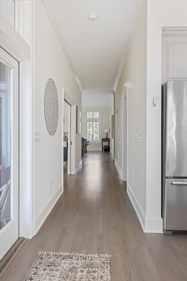 hallway with crown molding and wood-type flooring