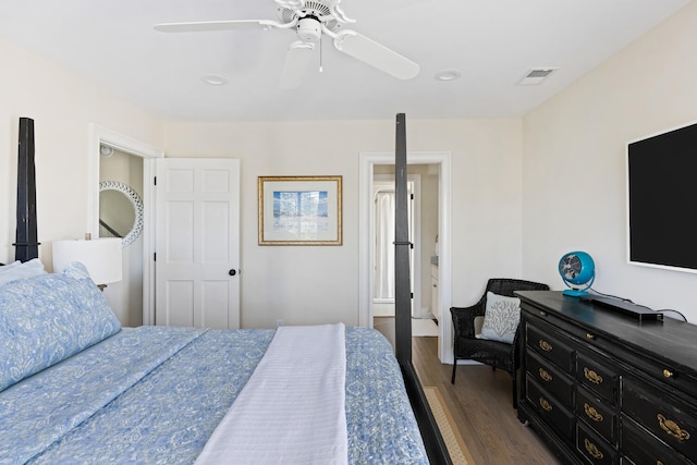 bedroom featuring dark hardwood / wood-style flooring and ceiling fan