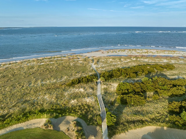 aerial view featuring a view of the beach and a water view