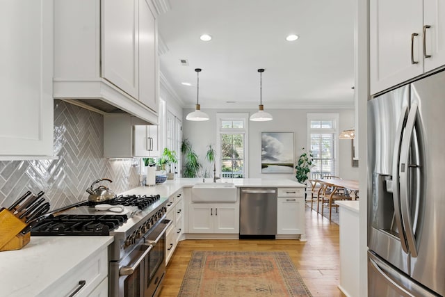 kitchen with a sink, light countertops, light wood-style floors, and stainless steel appliances
