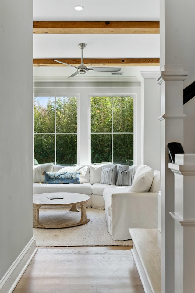 living room with recessed lighting, ceiling fan, wood finished floors, and a wealth of natural light