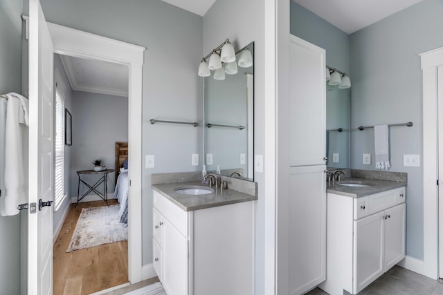bathroom featuring two vanities, a sink, and wood finished floors