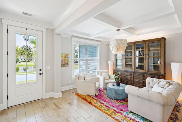 interior space featuring coffered ceiling, visible vents, a wealth of natural light, and an inviting chandelier