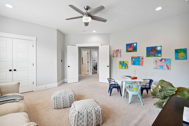 game room featuring a ceiling fan, baseboards, carpet, and recessed lighting