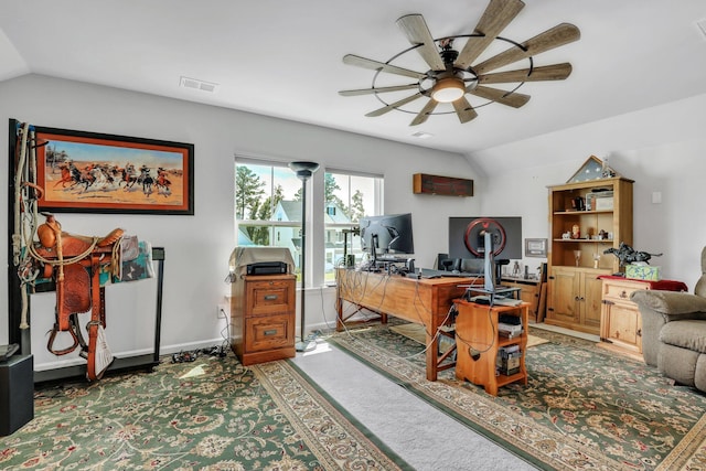 516 Yellow Leaf Ln, Summerville, SC 29486 - office with a ceiling fan, visible vents, baseboards, lofted ceiling, and light colored carpet