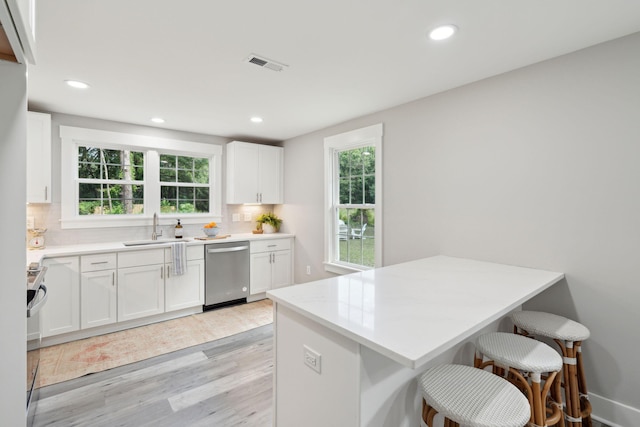 kitchen featuring visible vents, decorative backsplash, appliances with stainless steel finishes, white cabinets, and a sink