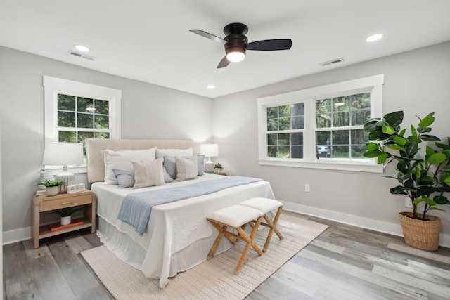 bedroom featuring multiple windows, baseboards, and wood finished floors