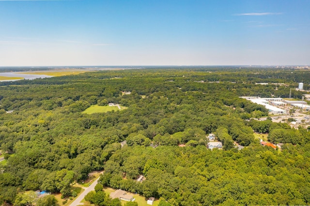 drone / aerial view with a water view and a forest view