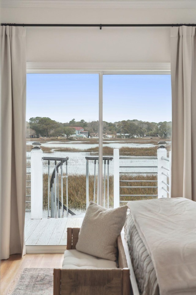 bedroom with a water view, multiple windows, and wood finished floors