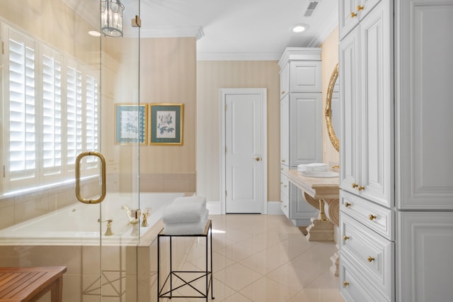 bathroom featuring a notable chandelier, tile patterned flooring, crown molding, vanity, and tiled bath