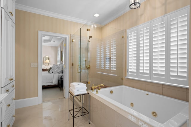 bathroom with separate shower and tub, crown molding, and tile patterned flooring