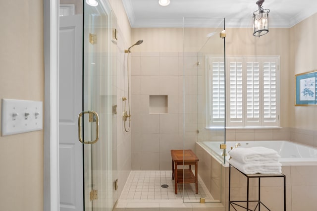 bathroom featuring separate shower and tub and crown molding