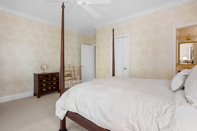 carpeted bedroom featuring crown molding and ceiling fan