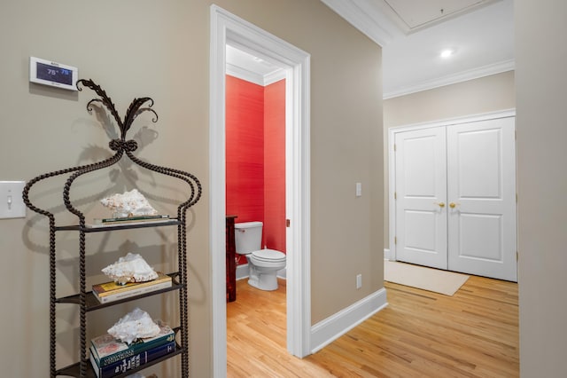 corridor featuring ornamental molding and light hardwood / wood-style floors