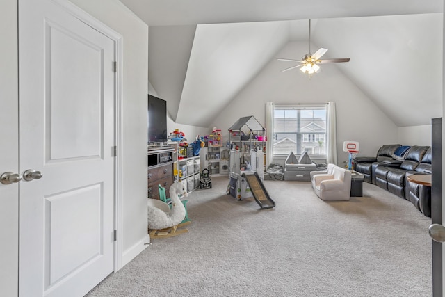 workout room featuring carpet flooring, ceiling fan, and lofted ceiling