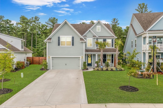 craftsman-style home with cooling unit, a garage, and a front lawn