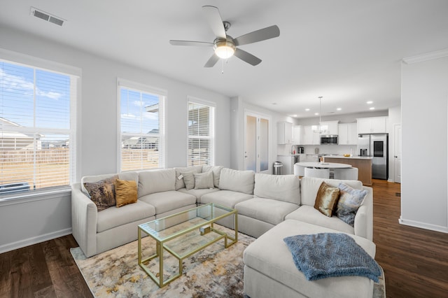 living room featuring ceiling fan and hardwood / wood-style flooring