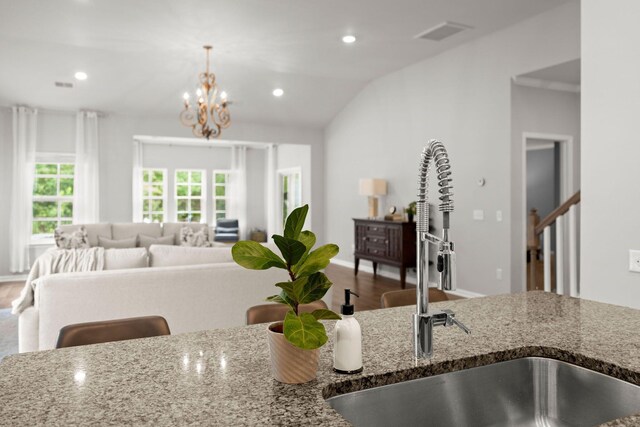 3438 Great Egret Dr, Johns Island, SC 29455 - kitchen featuring stone counters, a sink, visible vents, and recessed lighting