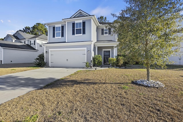 traditional home with driveway, a garage, and a front yard