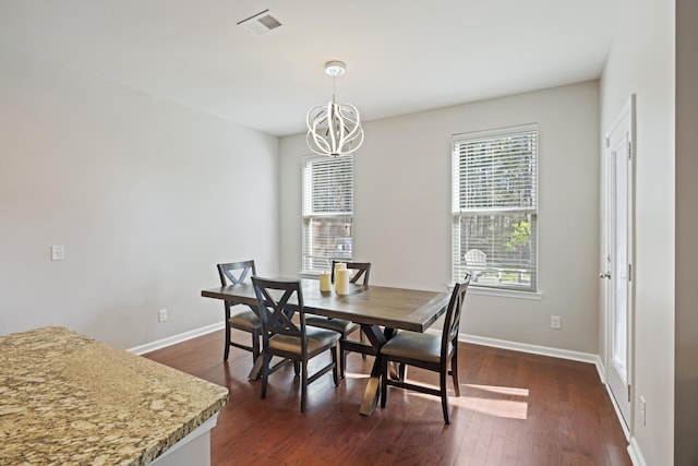 dining area featuring a healthy amount of sunlight, baseboards, visible vents, and dark wood-type flooring