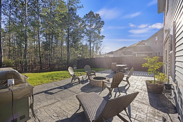 view of patio / terrace featuring an outdoor fire pit and a fenced backyard