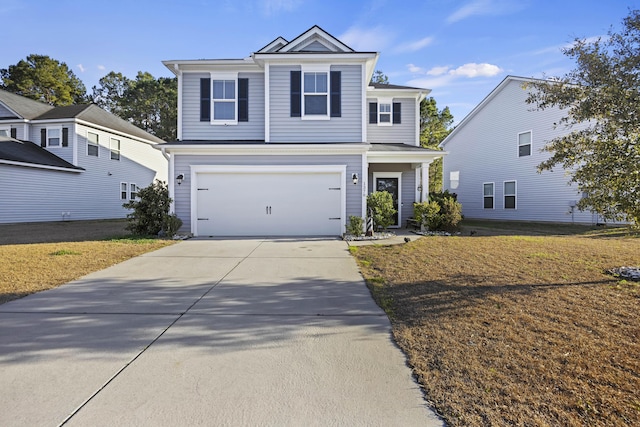 traditional home featuring driveway, a front lawn, and an attached garage