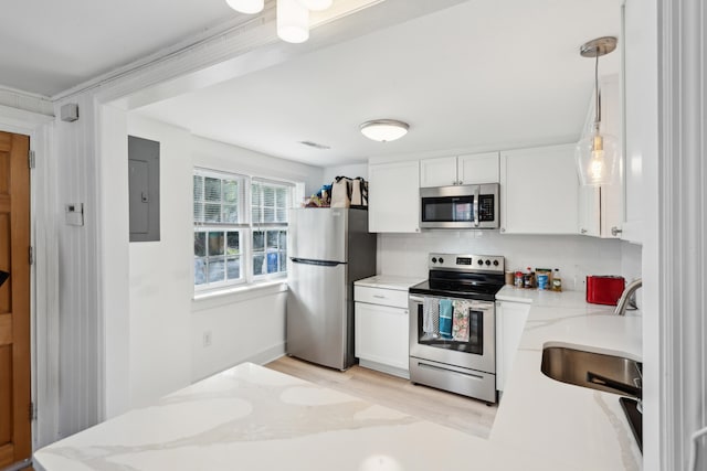 9 F St, Charleston, SC 29403 - kitchen with appliances with stainless steel finishes, electric panel, white cabinets, light wood-type flooring, and decorative backsplash