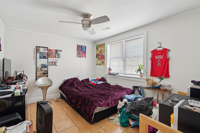 9 F St, Charleston, SC 29403 - bedroom with light tile patterned flooring, ornamental molding, and a ceiling fan