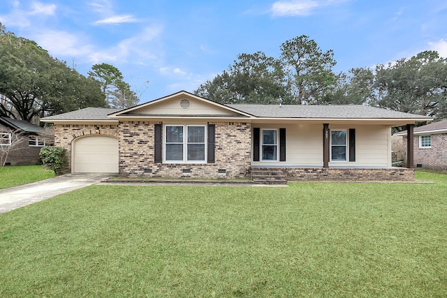 single story home featuring a garage, concrete driveway, brick siding, and a front lawn