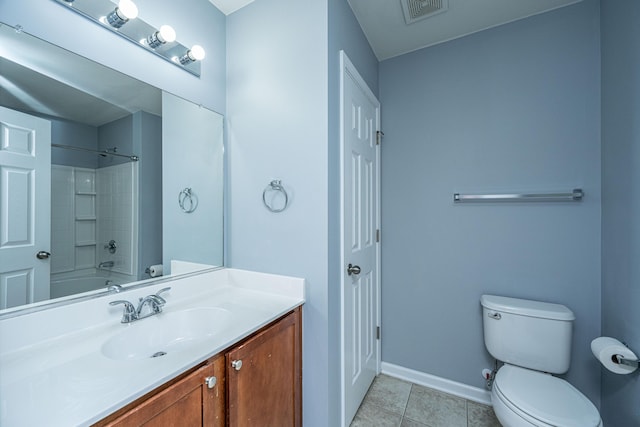 full bathroom with vanity, toilet, bathing tub / shower combination, and tile patterned flooring